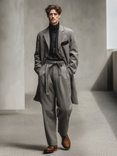 Men's cotton and linen color-blocking pocket suit set (with belt)